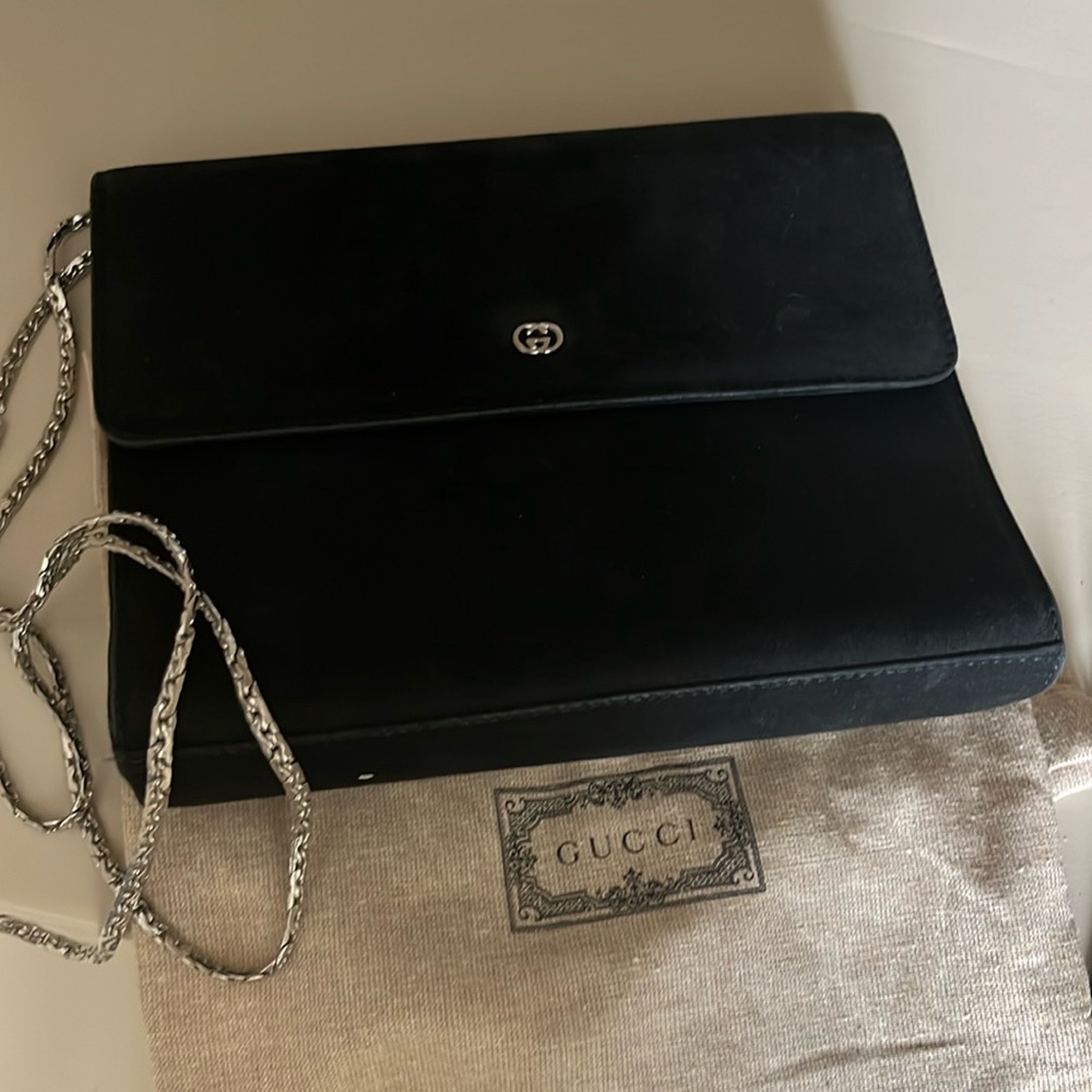 Gucci Vintage suede Shoulder Bag Black with silver chain